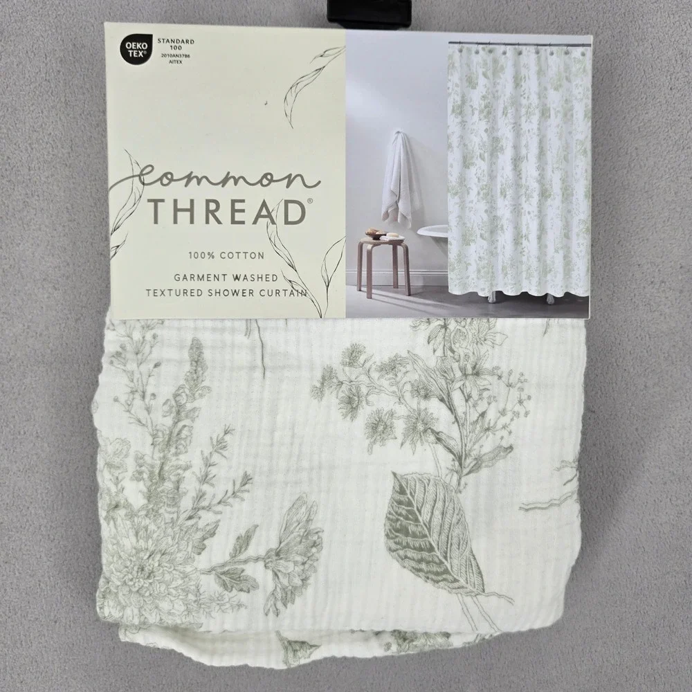 Common Thread NWT 72x72 Shower Curtain Botanical Floral Sage Green Cotton Gauze